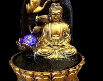 Golden Buddha With Rock Background Water Fountain