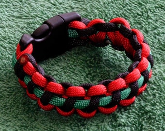 Red, Black and Green Cobra Weave Paracord Bracelet with Buckle