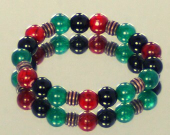 Red. Black, and Green Glass Beaded Bracelet