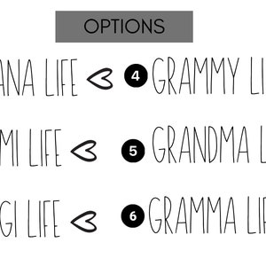 K&ouml;nnte beinhalten: Eine schwarz-wei&szlig;e Grafik mit sechs Optionen f&uuml;r ein individuelles Design. Die Optionen sind: 1. Nana Life, 2. Mimi Life, 3. Gigi Life, 4. Grammy Life, 5. Grandma Life und 6. Gramma Life. Jede Option hat ein Herzsymbol daneben.