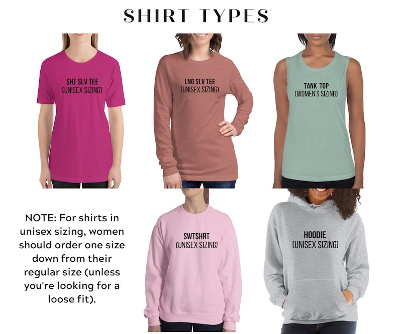 K&ouml;nnte beinhalten: Eine Grafik, die verschiedene Arten von Shirts zeigt, darunter ein T-Shirt mit kurzen &Auml;rmeln, ein T-Shirt mit langen &Auml;rmeln, ein Tanktop, ein Sweatshirt und ein Hoodie. Der Text auf den Shirts gibt die Art des Shirts und die Gr&ouml;&szlig;e an. Der Text "HINWEIS: Bei Shirts in Unisex-Gr&ouml;&szlig;en sollten Frauen eine Nummer kleiner bestellen als ihre normale Gr&ouml;&szlig;e (es sei denn, Sie suchen eine lockere Passform)." ist ebenfalls enthalten.