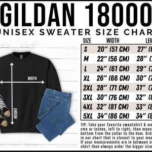 K&ouml;nnte beinhalten: Eine Gr&ouml;&szlig;entabelle f&uuml;r Gildan 18000 Unisex-Pullover. Die Tabelle zeigt die Breite und L&auml;nge in Zoll und Zentimetern f&uuml;r die Gr&ouml;&szlig;en S bis 5XL.
