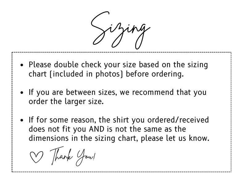 K&ouml;nnte beinhalten: Anweisungen f&uuml;r die Gr&ouml;&szlig;entabelle eines Shirts. Bitte &uuml;berpr&uuml;fen Sie Ihre Gr&ouml;&szlig;e anhand der Gr&ouml;&szlig;entabelle (in den Fotos enthalten) vor der Bestellung. Wenn Sie zwischen zwei Gr&ouml;&szlig;en liegen, empfehlen wir Ihnen, die gr&ouml;&szlig;ere Gr&ouml;&szlig;e zu bestellen. Wenn das Shirt, das Sie bestellt/erhalten haben, aus irgendeinem Grund nicht passt UND nicht mit den Ma&szlig;en in der Gr&ouml;&szlig;entabelle &uuml;bereinstimmt, lassen Sie es uns bitte wissen. ♡Vielen Dank!