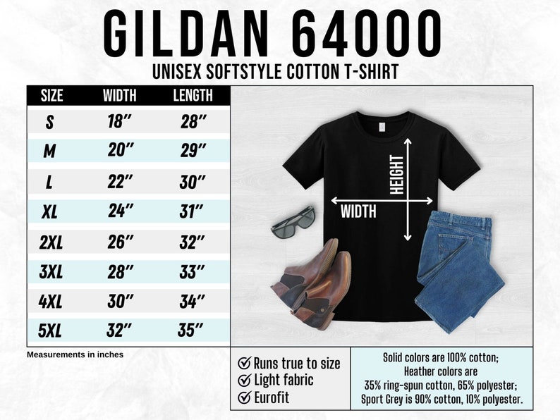 K&ouml;nnte beinhalten: Gr&ouml;&szlig;entabelle f&uuml;r ein Gildan 64000 Unisex Softstyle Baumwoll-T-Shirt. Die Tabelle zeigt die Breite und L&auml;nge in Zoll f&uuml;r die Gr&ouml;&szlig;en S bis 5XL. Die Tabelle enth&auml;lt auch Informationen &uuml;ber die Stoffzusammensetzung: Einfarbige Farben sind 100 % Baumwolle, melierte Farben sind 35 % ringgesponnene Baumwolle und 65 % Polyester, und Sport Grey ist 90 % Baumwolle und 10 % Polyester.