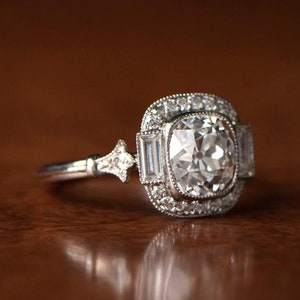 Circa 1920's Vintage Inspire Ring, Old Mine Cut CZ Stone Art Deco Ring, Antique Milgrain Bezel Set Halo Ring, Three Stone Engagement Ring