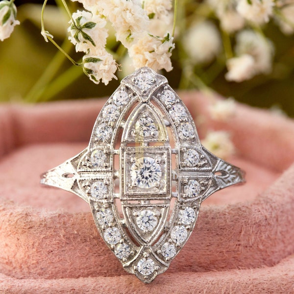 Antique Filigree Vintage Wedding Ring, Art Deco Navette Ring, Round Moissanite Diamond Engagement Ring, Milgrain Bezel Set Edwardian Ring