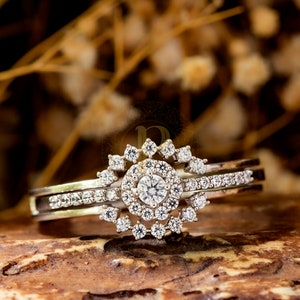 Round Cut Moissanite Diamond Wedding Bridal Ring Set, Halo Engagement Ring Set, Guard Wrap Edwardian Ring Set, Enhancer Guard Ring For Woman