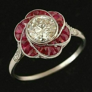 Floral Inspire Ring, Round Cut CZ Stone Vintage Inspire Ring, Milgrain Bezel Set Retro Ring, Mid Century Ring, Pink Ruby Engagement Ring