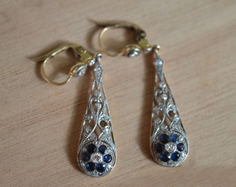 Art Deco Floral Inspire Earrings, Vintage Style Filigree Dangle Earrings, Blue Sapphire CZ Stone Drop Dangle Earrings, Lever Back Earrings