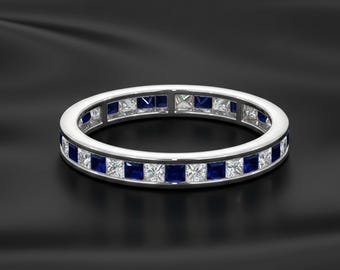 Saffierblauwe en witte Princess Cut CZ Stone-band, Eternity Stacking-bandring, minimalistische edelsteen damesband in 14 kt goud, band voor dagelijks gebruik