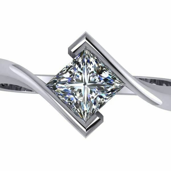 Bypass Shank Solitaire Ring, Princess Cut Moissanite Diamond Solitaire Ring,Woman's Engagement Ring, Tension Set Ring, Wedding Proposal Ring