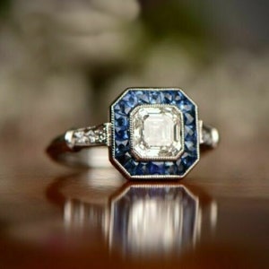 Blue Sapphire Halo Vintage Engagement Ring, Asscher CZ Stone Edwardian Wedding Ring, Antique Milgrain Bezel Set Art Deco Ring, Target Ring