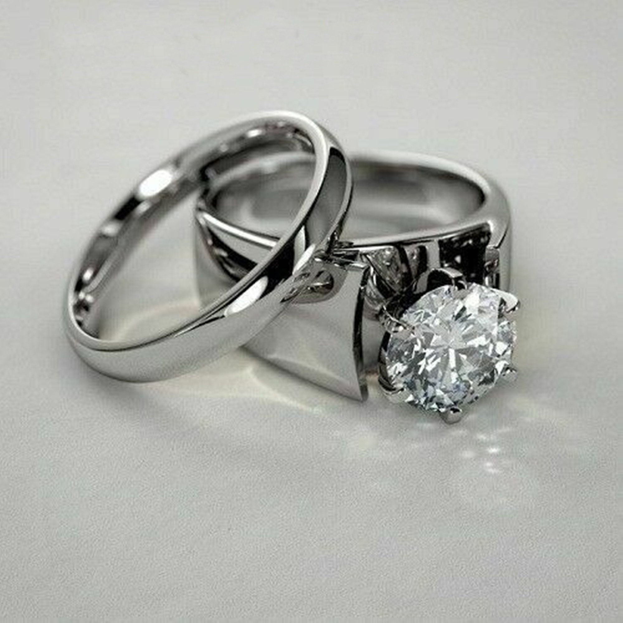 Round Mossanite Diamond Solitaire Ring Set,Wedding Bridal Ring Set, Solitaire Wide Ring With Plain Wedding Band, Women's Engagement Ring Set