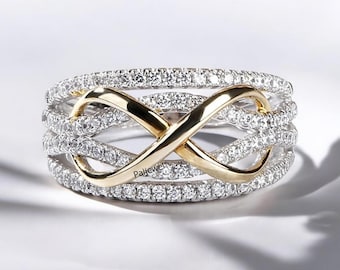 Unendlich Knoten Ring Frau, Rundschliff Moissanite Diamant Wedidng Ring, zweifarbiger Gold Verlobungsring, mehrreihiger Schaftring, Geschenk für sie