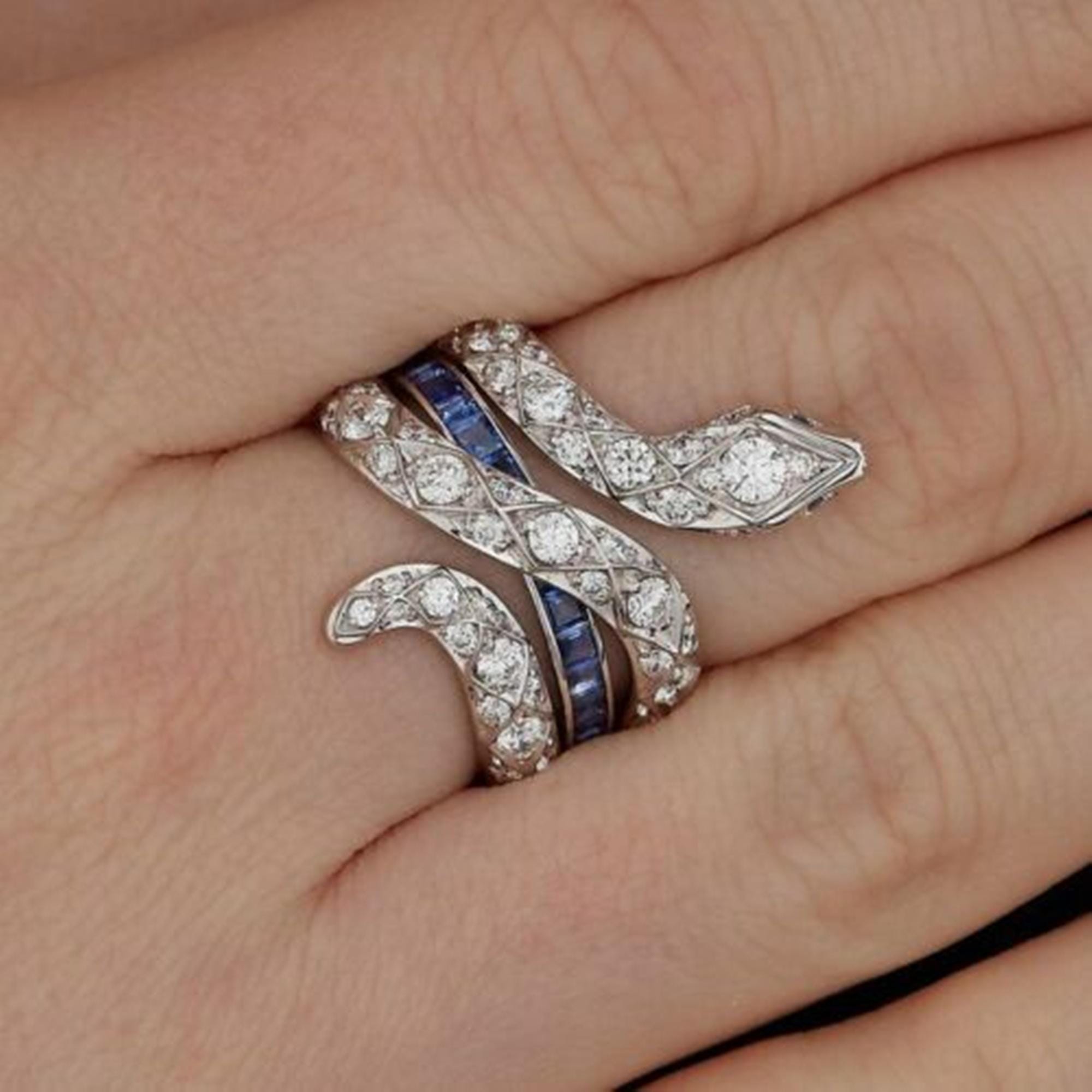 Snake Inspired Blue Princess & Round CZ Stone Ring, Women's