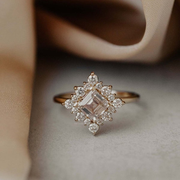 Starburst Halo Ring, Asscher Moissanite Diamond Engagement Ring, Minimalist Ring For Women, Wedding Proposal Ring, Valentine's Gift Ring