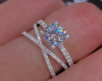 6.80 MM Round Moissanite Diamond Criss Cross Ring, Diamond X Ring, Cross Over Ring, Woman's Engagement Ring, Wedding Anniversary Gift Ring
