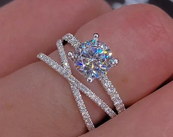 6.80 MM Round Moissanite Diamond Criss Cross Ring, Diamond X Ring, Cross Over Ring, Woman&#39;s Engagement Ring, Wedding Anniversary Gift Ring