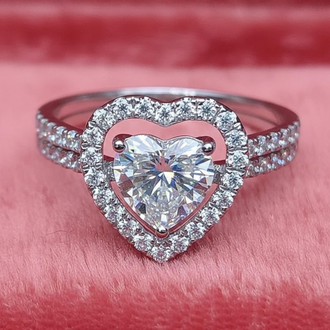 Open Heart Shape Wedding Bridal Ring Set, Lovable Heart Moissanite ...