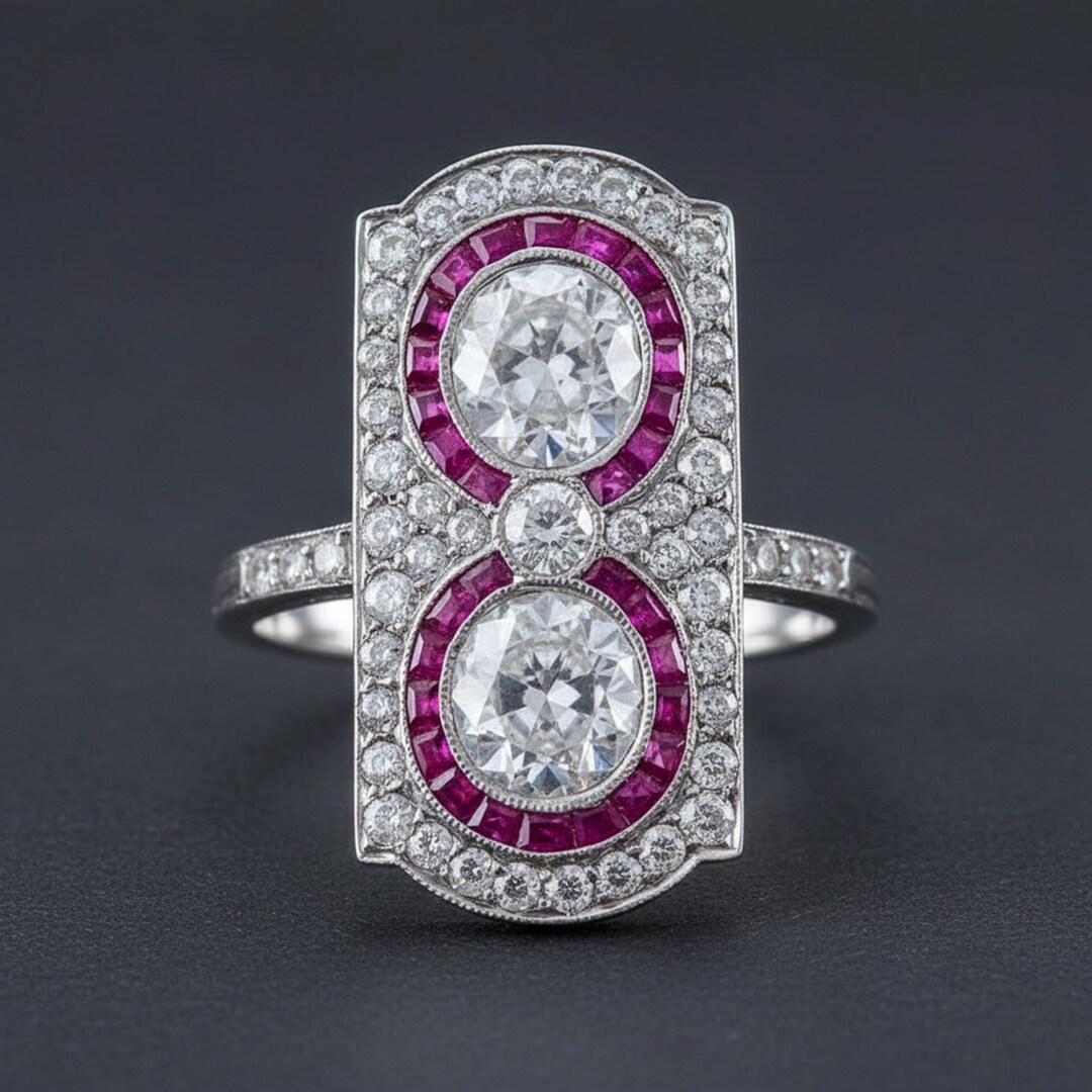 Antique Art Deco Halo Wedding Ring, Pink Baguette & Old European Cut CZ ...