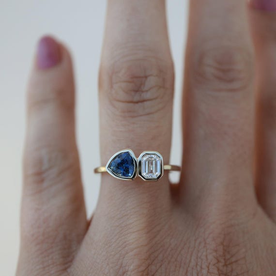 Sapphire Trillion With Emerald Cut CZ Stone Ring, Bezel Set Two Stone Ring, Woman's Toi Et Moi Ring, Yellow Gold Wedding Ring, Birthday Gift