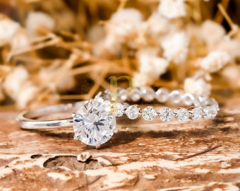 Conjunto de anillos de compromiso de diamantes moissaita redondos, anillo de solitario con banda de eternidad con conjunto de burbujas, conjunto de anillos nupciales de boda para mujeres, regalo de aniversario
