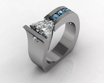 Tension Set & Channel Setting Ring, Trillion Or Round CZ Stone Square Fold Ring, Men&#39;s Or Woman&#39;s Engagement Wedding Ring, Party Wear Ring