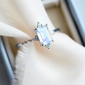 Moonstone Ring, Round CZ Stone With Emerald Cut Moonstone Engagement Ring, Seven Stone Ring, Minimalist Ring, Christmas Gift Ring For Her