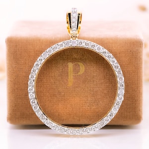 Round Moissanite Diamond Gold Coin Frame Pendant, Unisex Pendant, 1 Troy OZ Custom Pendant, Men Or Woman&#39;s Wedding Engagement Circle Pendant