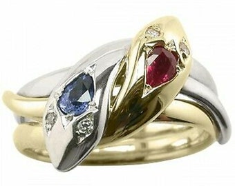 Entwined Snake Ring, Vintage Style Double Snake Ring With Sapphire & Ruby, Serpent Ring, Dual Snake Head Bypass Ring, Pear Cut CZ Stone Ring