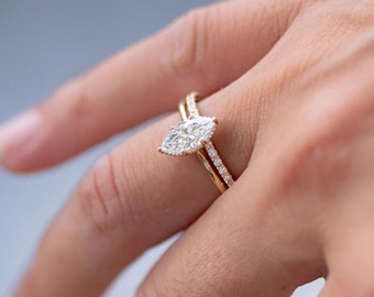 Classic Solitaire Ring Set, 12x6 MM Marquise Moissanite Diamond Engagement Ring Set, 14K Gold Minimalist Ring Set, Wedding Bridal Ring Set