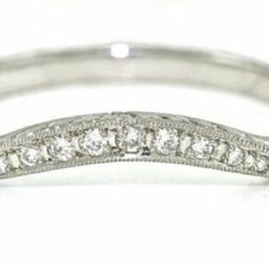 Round Moissanite Diamond Curved Band, Milgrain Art deco Edwardian Band, One Side Engraving Band, 14K Gold Wedding Engagement Band For Woman