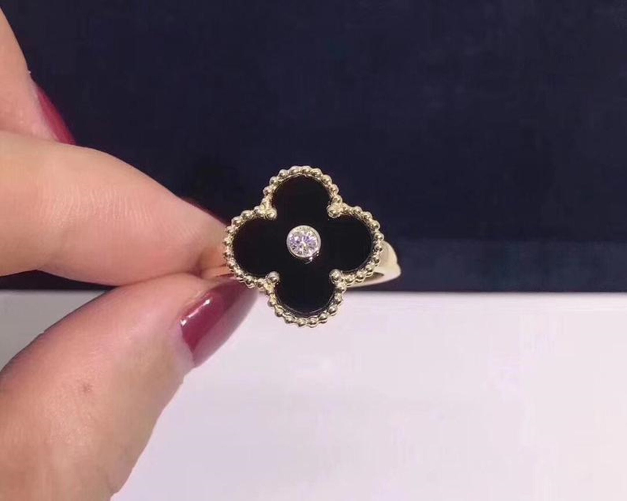 Black Enamel Vintage Alhambra Ring Round Cut Moissanite - Etsy