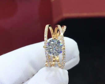 8 MM Round Moissanite Diamond Criss Cross Engagement Ring, Woman's Cross Over Engagement Ring, Wedding Anniversary Gift Ring, Proposal Ring