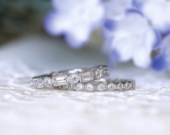 2 Piece Eternity Band, Round & Baguette CZ Stone Wedding Band, Milgrain Hexagon Bezel Set Dot Dash Band, Engagement Band, Stacking Band