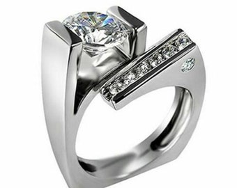 Round Moissanite Diamond Wedding Ring, Woman Or Men&#39;s Ring, Tension Set- Bypass Shank Ring, 14K Gold Engagement Ring, Channel Setting Ring