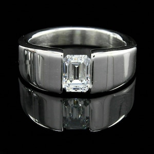 7x5 MM Emerald Cut Moissanite Diamond Solitaire Ring, Men Or Woman's Engagement Ring, Tension Set Solitaire Wedding Ring, Daily Wear Ring