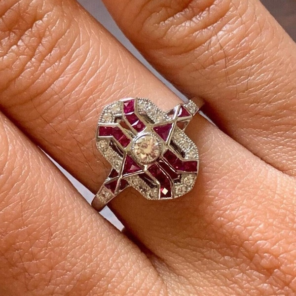 Round & Pink Baguette Cut CZ Stone Ring, Art Deco Wedding Ring, White Gold Vintage Inspire Ring, Antique Engagement Ring, Anniversary Gift