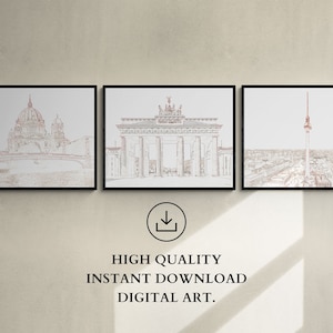Set of 3 Berlin Germany Landmark Sketches, Brandenburg Gate, TV Tower & Alexanderplatz, Berlin Cathedral, German Travel Wall Art, DIGITAL