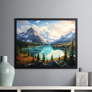Parque Nacional Banff Canadá - Arte digital del lago Banff - Montañas Rocosas canadienses, aguas turquesas, decoración del paisaje imprimible