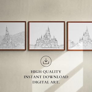 Set von 3 Asia Disneyland Castle Sketches, Castle of Magical Dreams Hong Kong, Shanghai Disneyland, Cinderella Castle Tokyo Disneyland