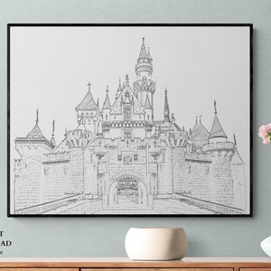 Sleeping Beauty Castle Anaheim California, Boceto a lápiz en blanco y negro, Póster de arte landmark, Castillo de cuento de hadas, Arte imprimible, Instantáneo