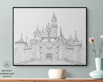 Sleeping Beauty Castle Anaheim California, Black and White Pencil Sketch, Landmark Art Poster, Fairytale Castle, Printable Art, Instant