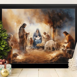 Póster impreso sin marco, El belén en acuarela, Jesús, María, José y los Reyes Magos: regalo de arte de pared espiritual navideño, Nacimiento sagrado
