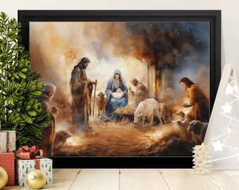 Unframed Poster Print, The Nativity Scene in Watercolors, Jesus, Mary, Joseph and Wise Men - Spiritual Christmas Wall Art Gift, Sacred Birth