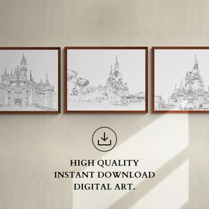 Set of 3 Disneyland Castle Sketches, Sleeping Beauty Castle in Anaheim and Paris, Cinderella Castle at DisneyWorld Resort in Florida