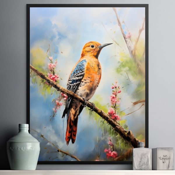 Northern Flicker on Bark - Unieke oliepastelkunst Instant Digitale Download - Spechtfamilie, natuurgeschenk, afdrukbaar decor