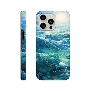 May include: A phone case with a blue and green ocean wave design. The case has a white camera bump with three black lenses.