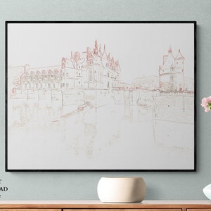 Pode incluir: Um desenho de linha preto e branco de um castelo com um tom vermelho. O castelo é refletido na água à sua frente. O desenho está sobre um fundo branco.