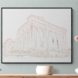 May include: A black and white line drawing of the Parthenon in Athens, Greece. The drawing is done in a minimalist style, with only the essential lines of the building visible. The drawing is set against a white background.